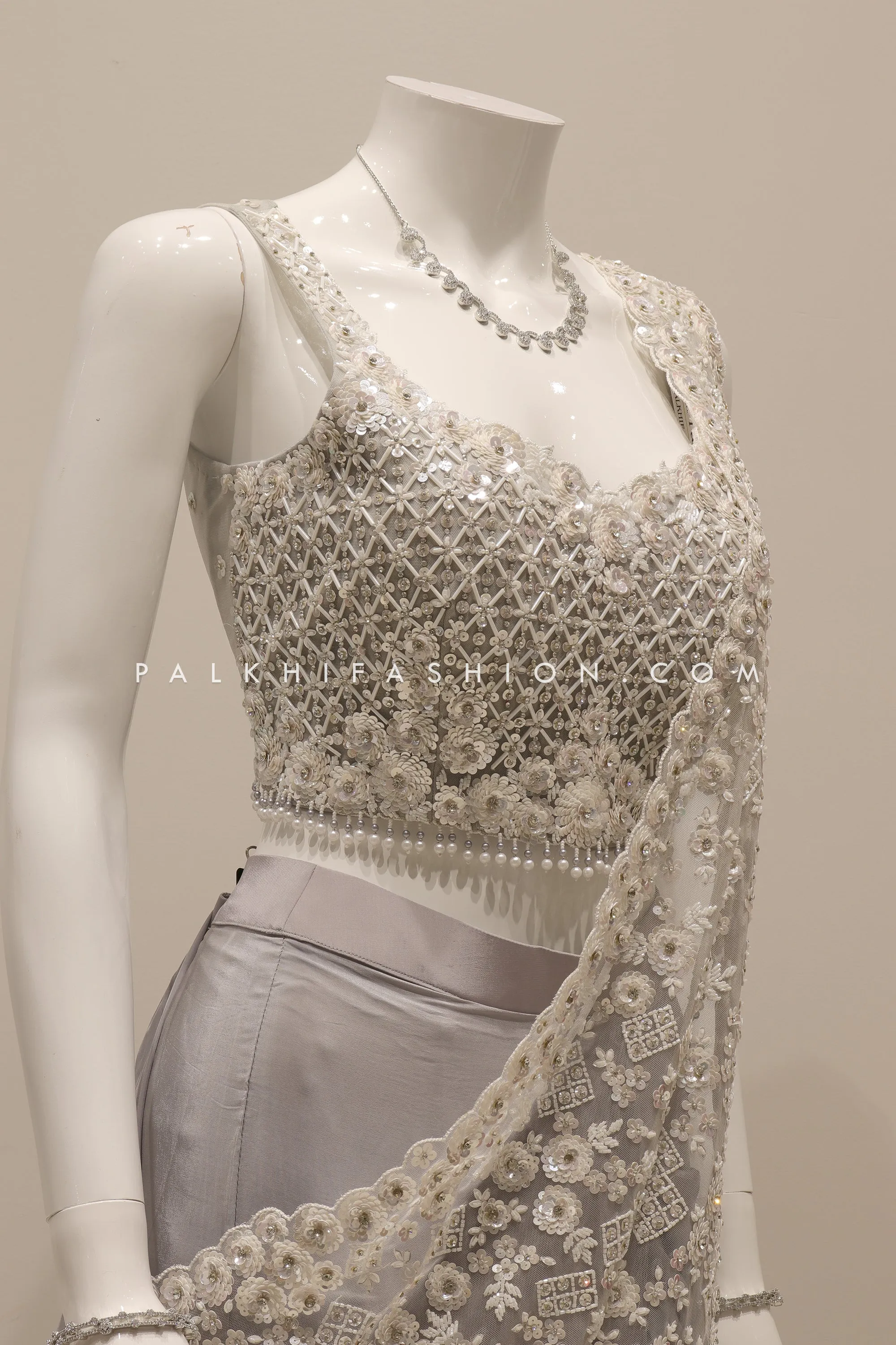 Luxurious Silver Ash Ready-to-Drape Indian Designer Outfit