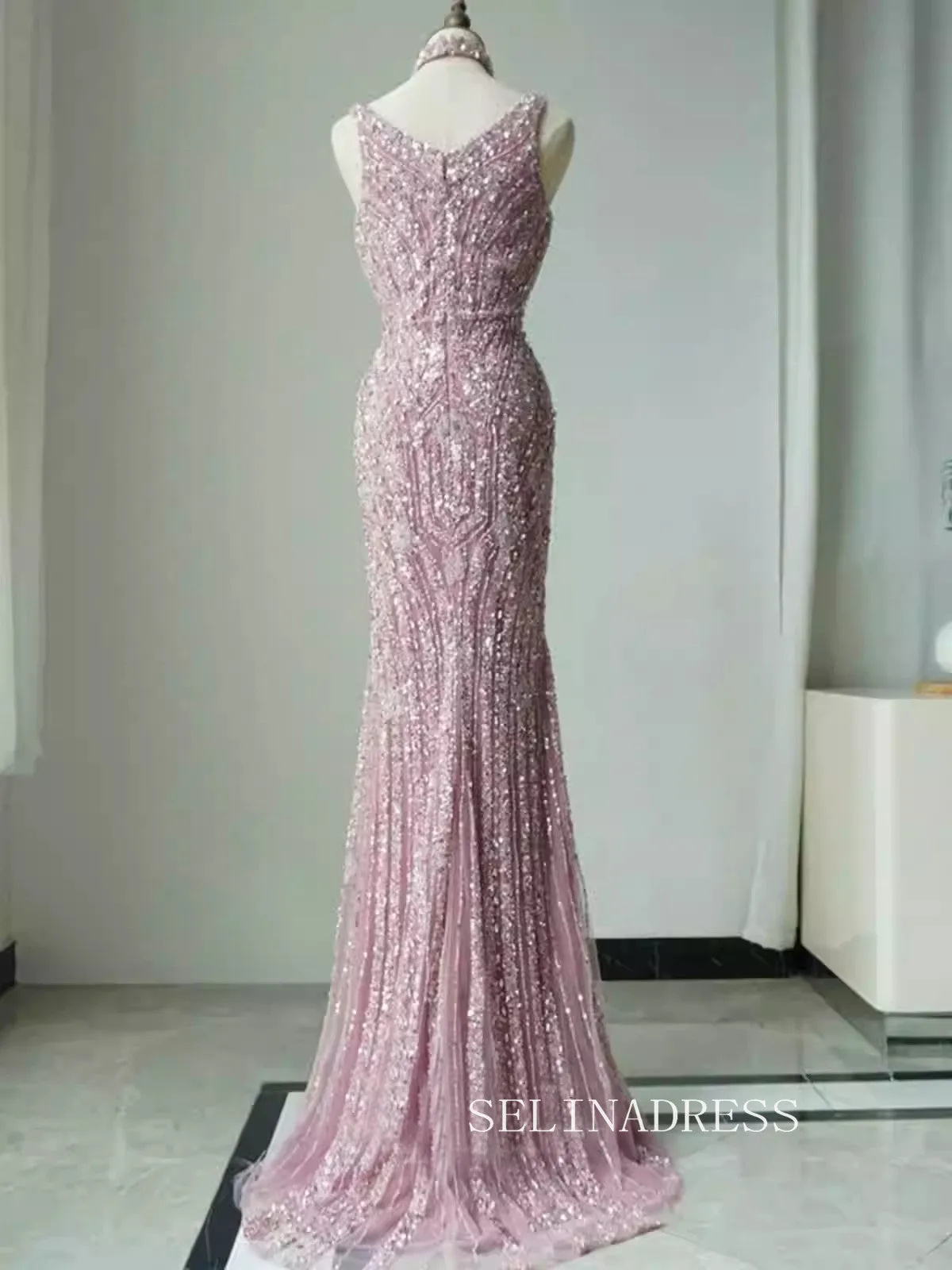 Luxurious Square Embroidered Beaded Long Formal Evening Dress with Slit ALI010