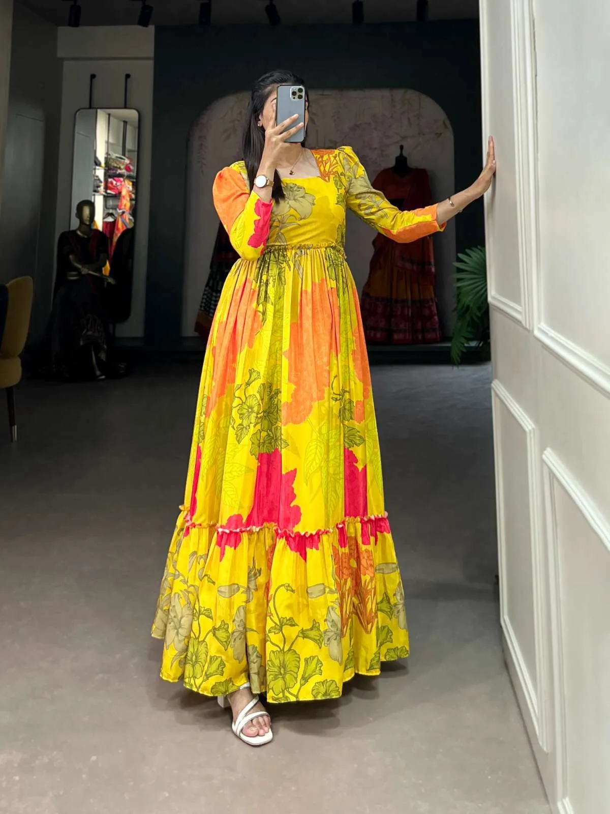 Luxurious Yellow Floral Silk Crepe Long Gown