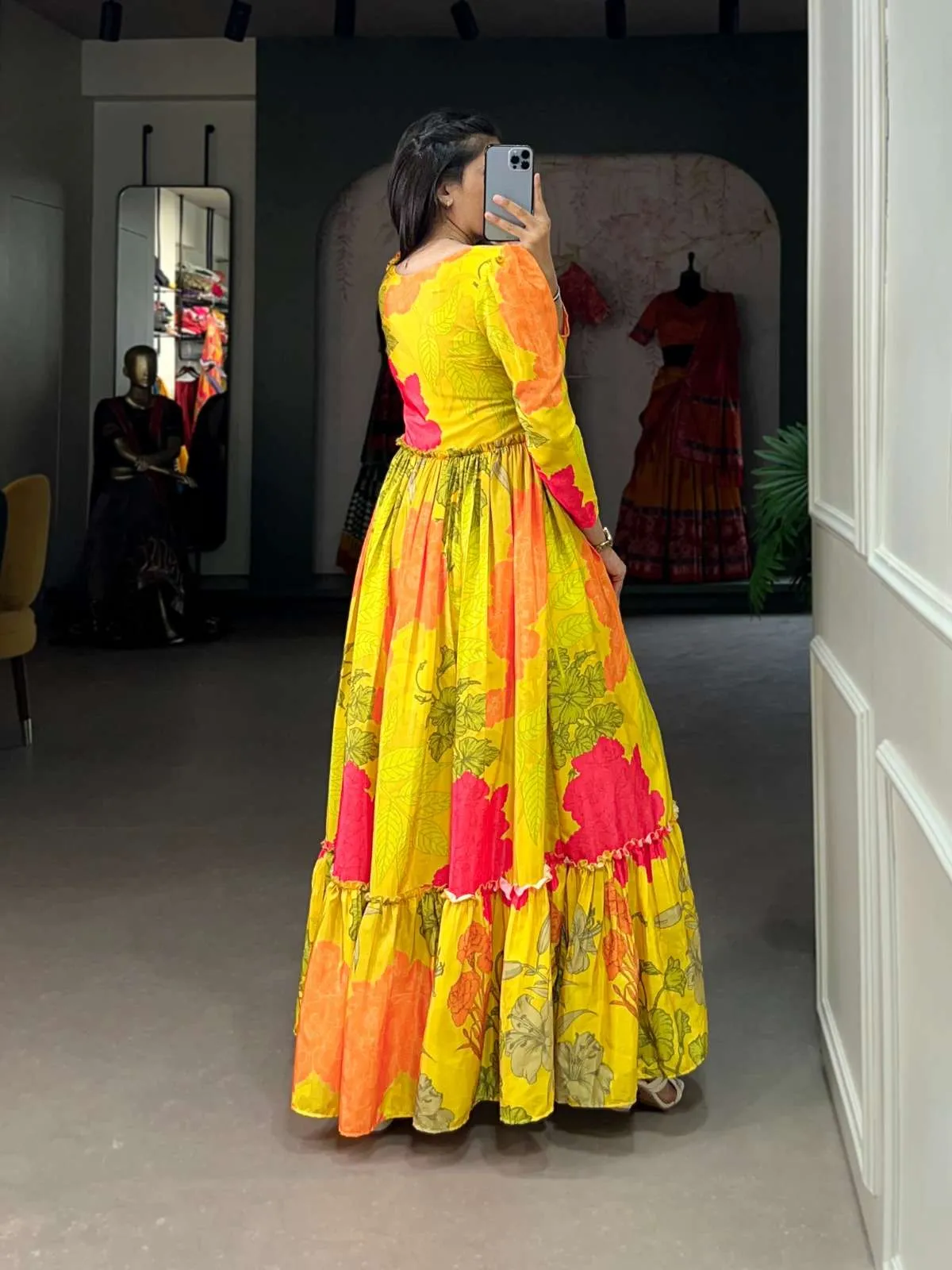 Luxurious Yellow Floral Silk Crepe Long Gown