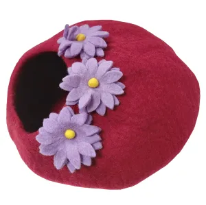 LUXURY 100% Natural Wool Large MAROON RED Floral Cat Cave Handmade Shaped Felt Makes Great Covered Cat House Bed Kitty Indoor Cosy Hideaway