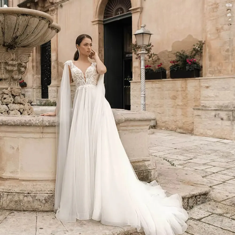 Luxury A-Line Tulle Wedding Dress with Beading Appliques and Backless Design