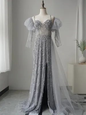 Luxury Beaded Long Prom Dresses With Long Sleeve Silver Evening Gown Formal Dresses FUE002