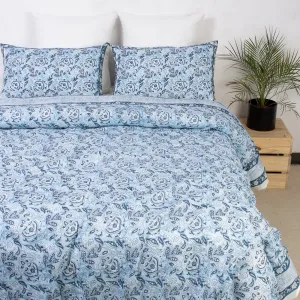 Luxury Blue Hand Block Floral Queen Size Duvet Cover With Shams