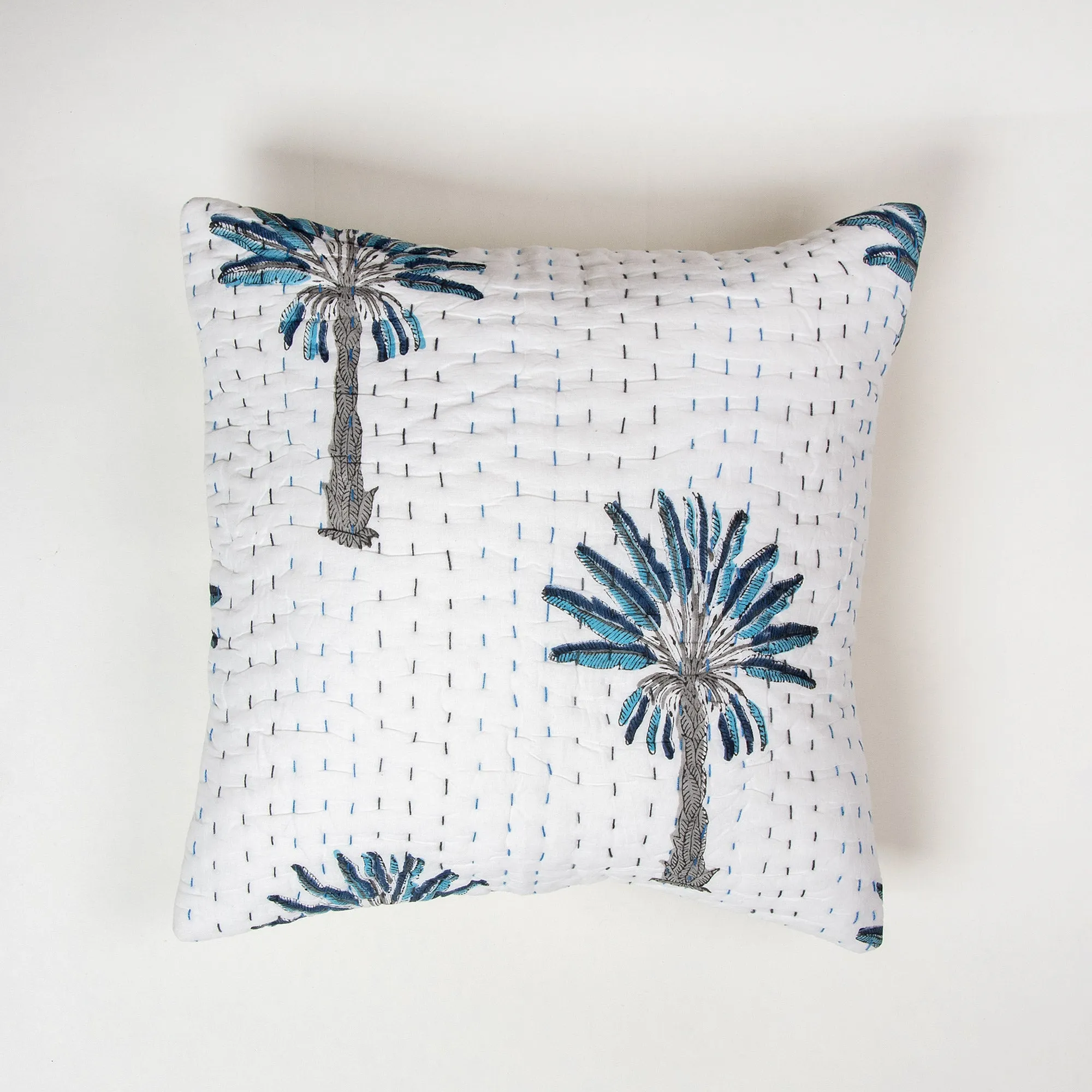 Luxury Blue Palm Tree Printed Cotton Kantha Cushion Cover Set