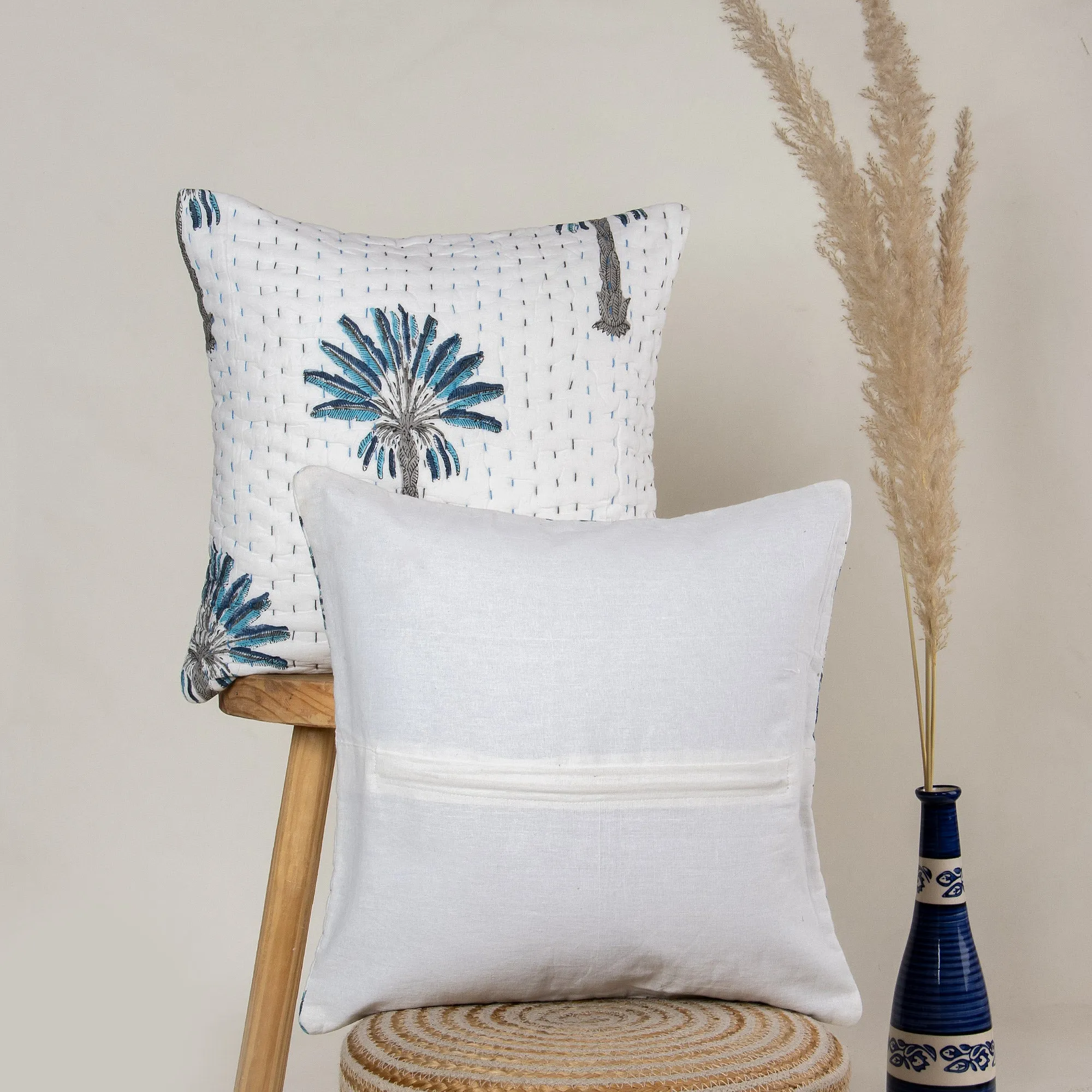 Luxury Blue Palm Tree Printed Cotton Kantha Cushion Cover Set