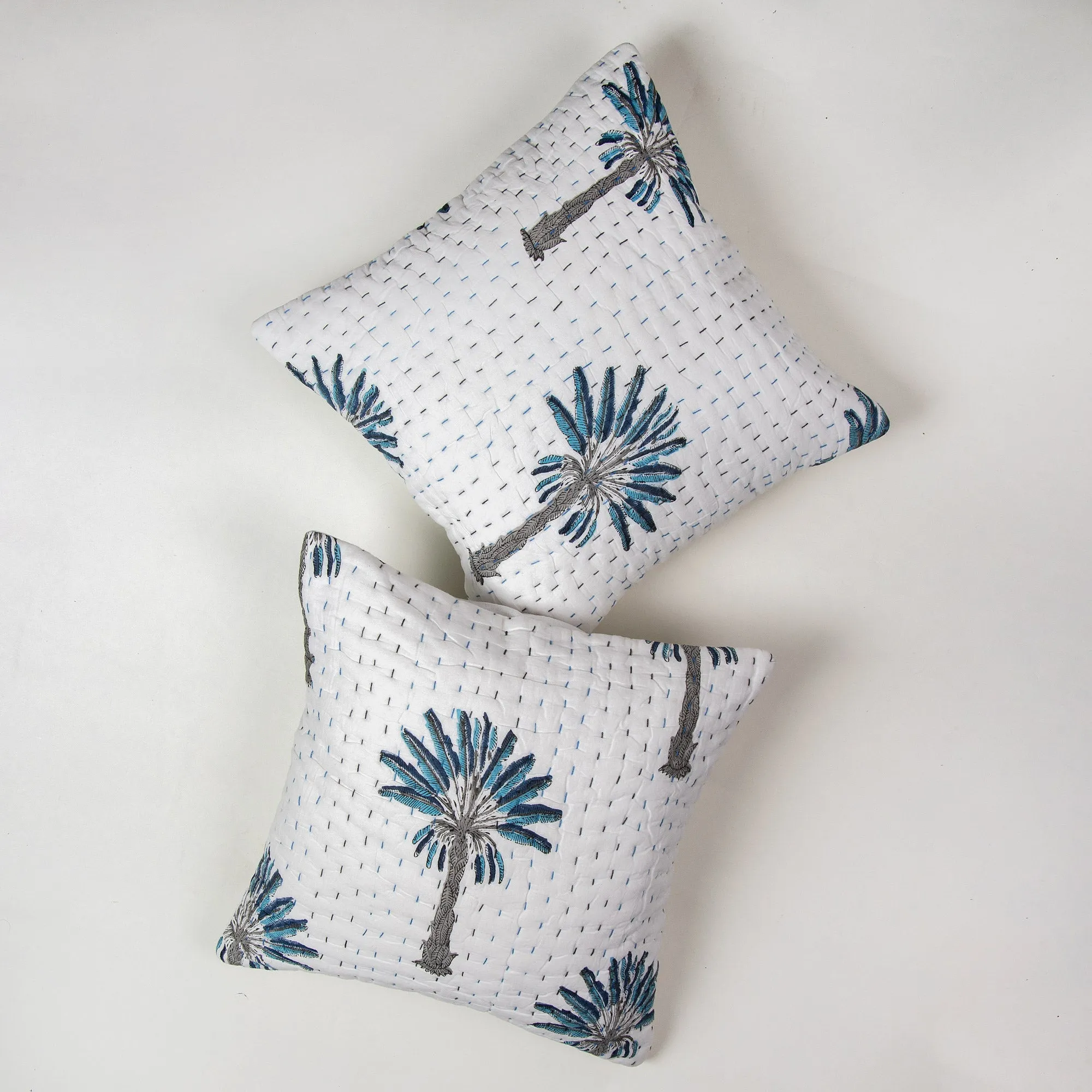 Luxury Blue Palm Tree Printed Cotton Kantha Cushion Cover Set