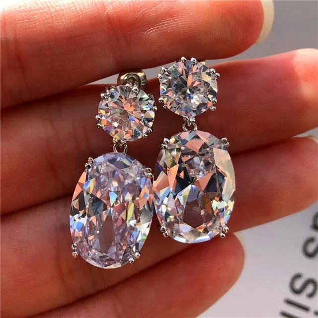 Luxury Jewelry Big Oval Cubic Zirconia Drop Earrings for Women in Silver Color