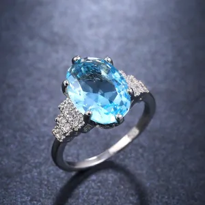 Luxury Jewelry Big Oval Cut Sky Blue Zircon Engagement Ring for Women in Silver Color