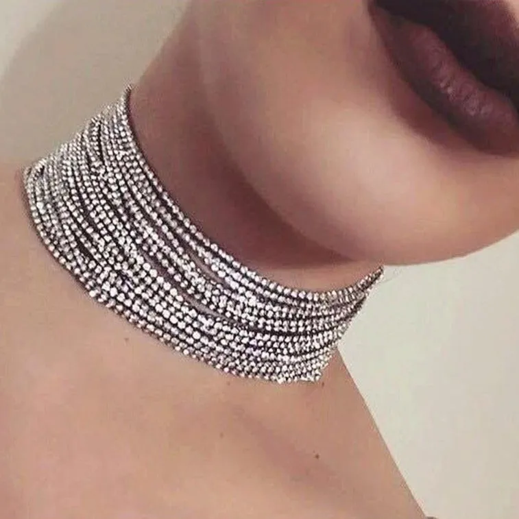 Luxury Jewelry Multilayer Choker Necklace for Women with Rhinestone in Gold Color