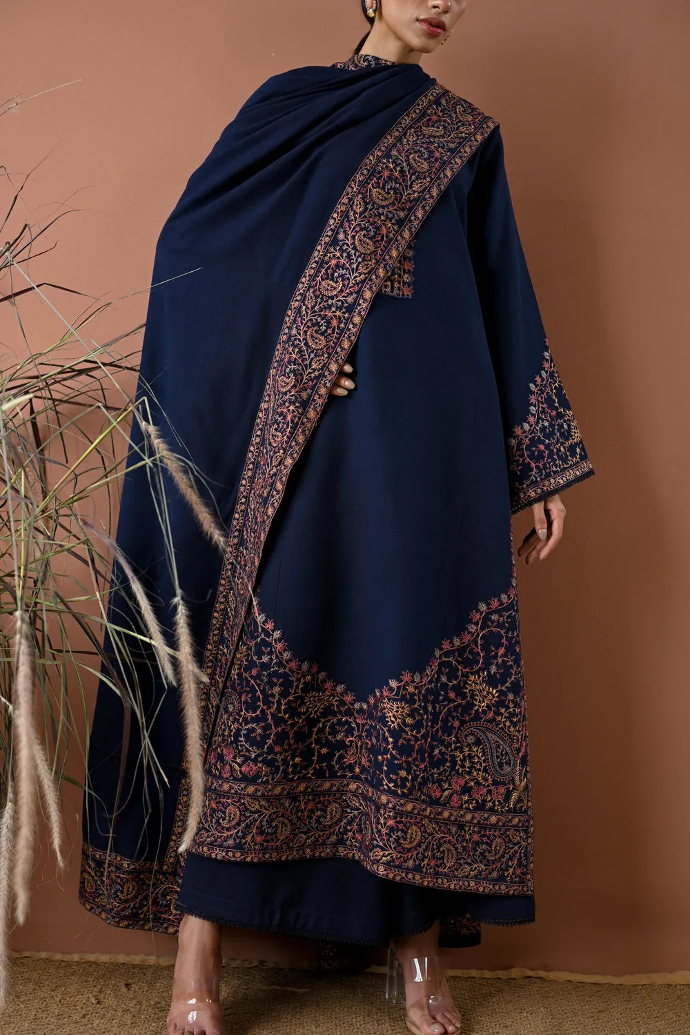 Luxury Karandi Vol II  - DEEP NAVY LUXURY EMBROIDERED KARANDI SET (NEL-24635)