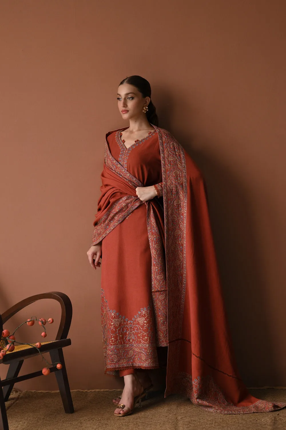 Luxury Karandi Vol II  - DEEP RUST LUXURY EMBROIDERED KARANDI SET (NEL-24634)