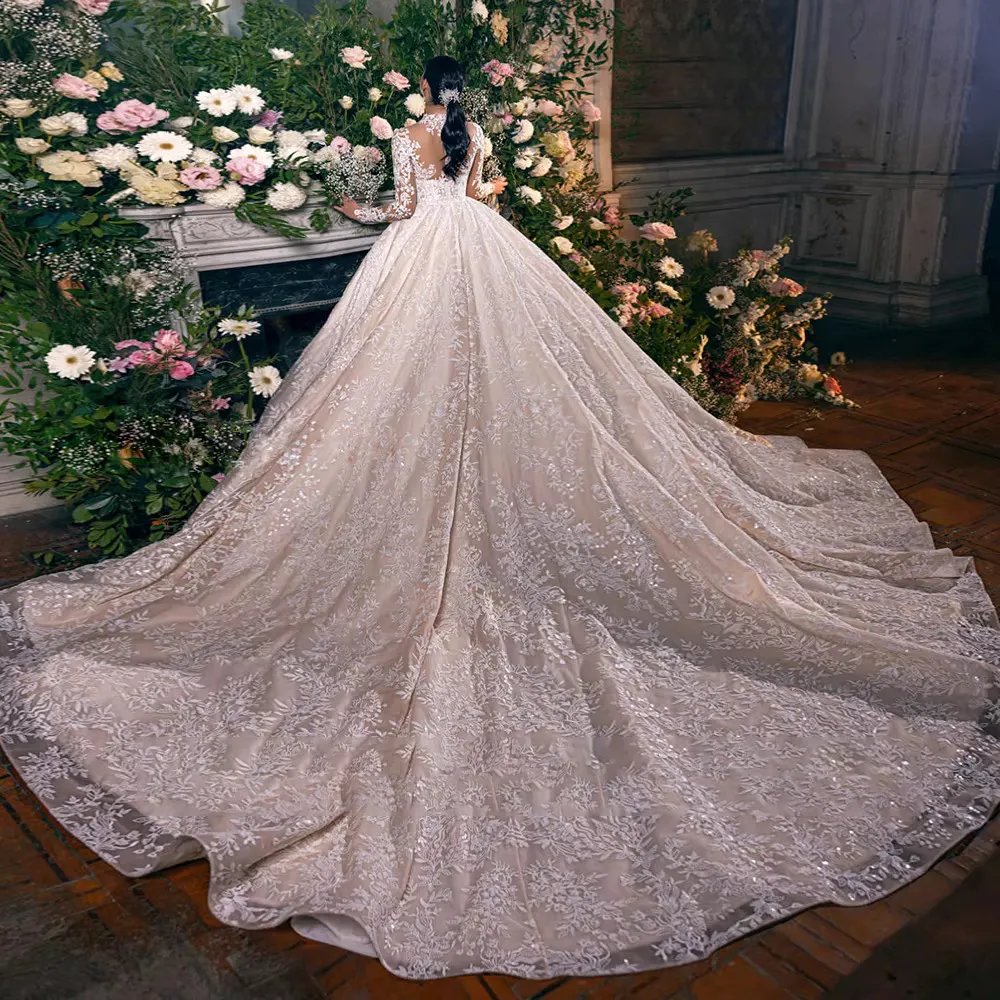 Luxury Long Sleeve Ball Gown Wedding Dress with O-Neck and Illusion Back