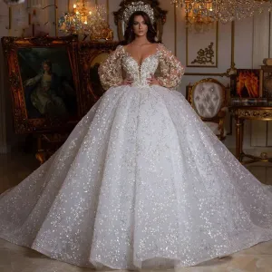 Luxury Long Sleeve Beaded Lace-Up Ball Gown Wedding Dress with Sequins and Flowers