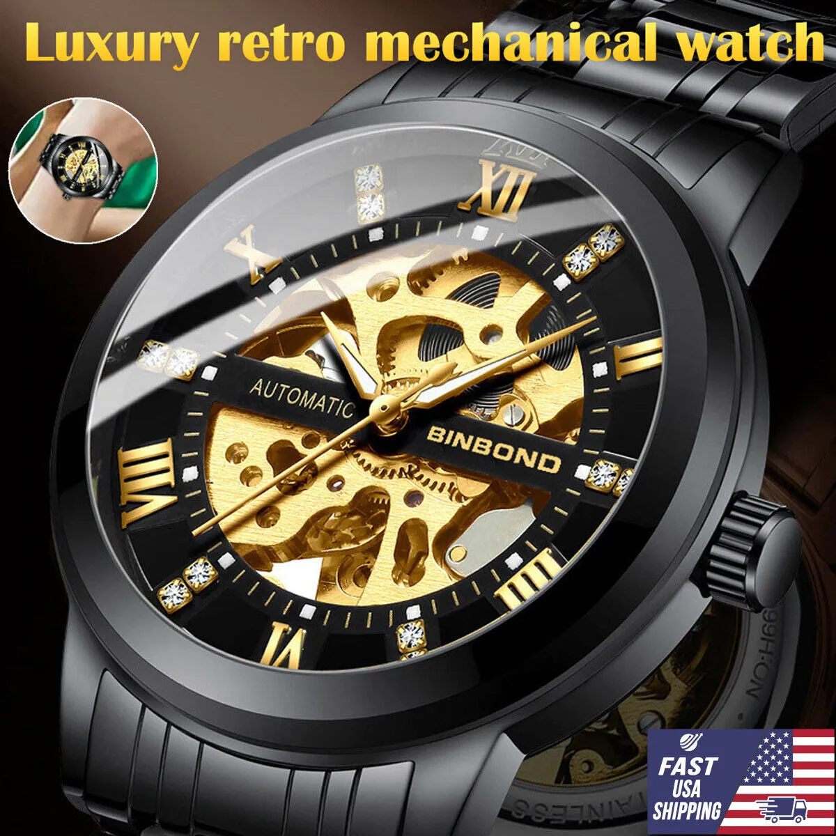 Luxury Men'S Stainless Steel Skeleton Automatic Classic Mechanical Wrist Watch