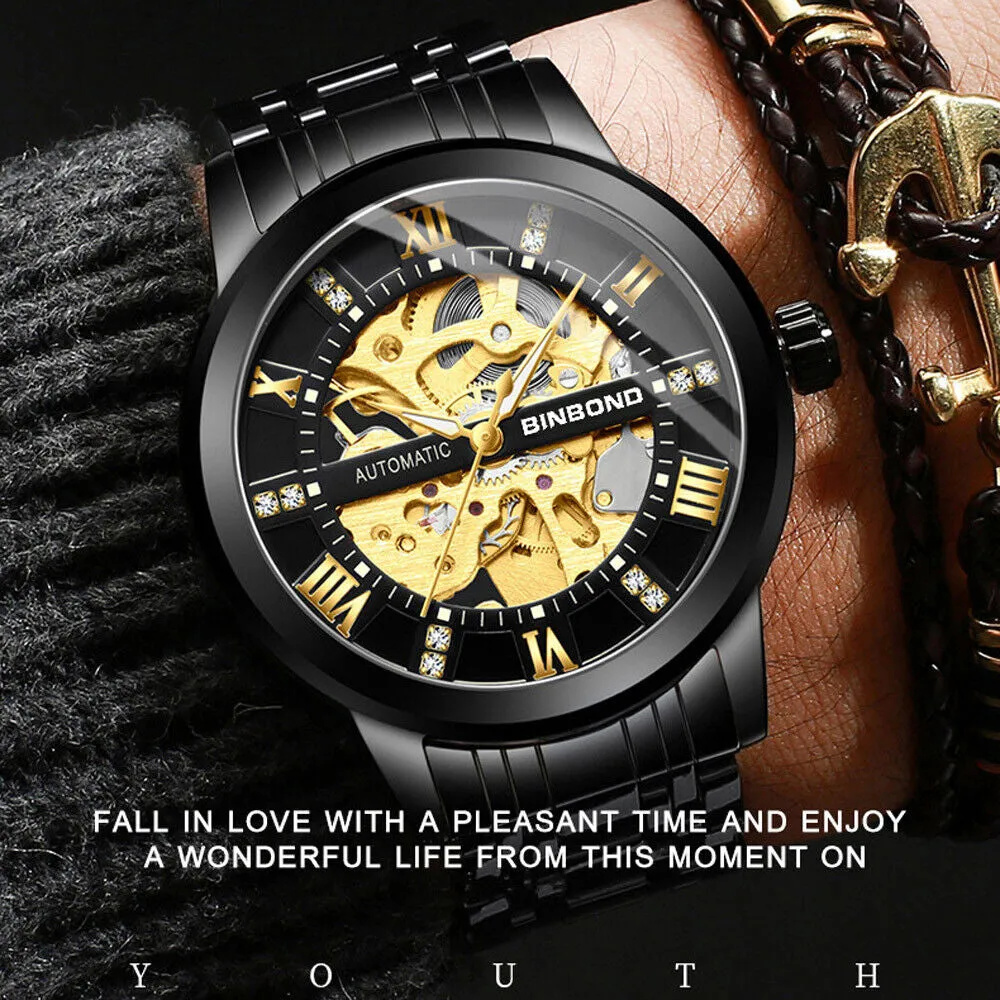 Luxury Men'S Stainless Steel Skeleton Automatic Classic Mechanical Wrist Watch