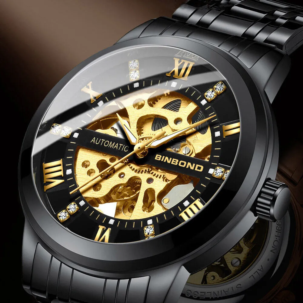 Luxury Men'S Stainless Steel Skeleton Automatic Classic Mechanical Wrist Watch