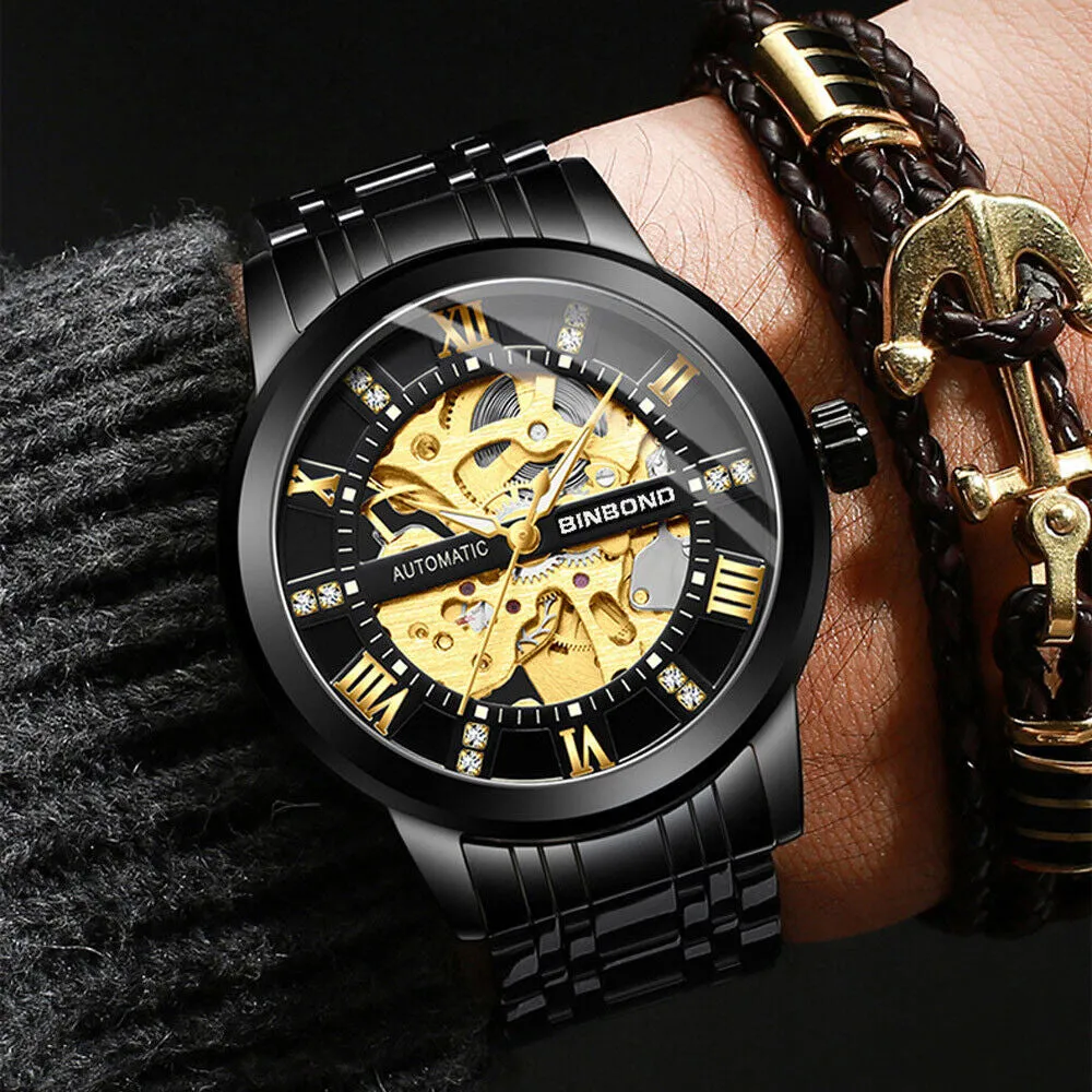 Luxury Men'S Stainless Steel Skeleton Automatic Classic Mechanical Wrist Watch