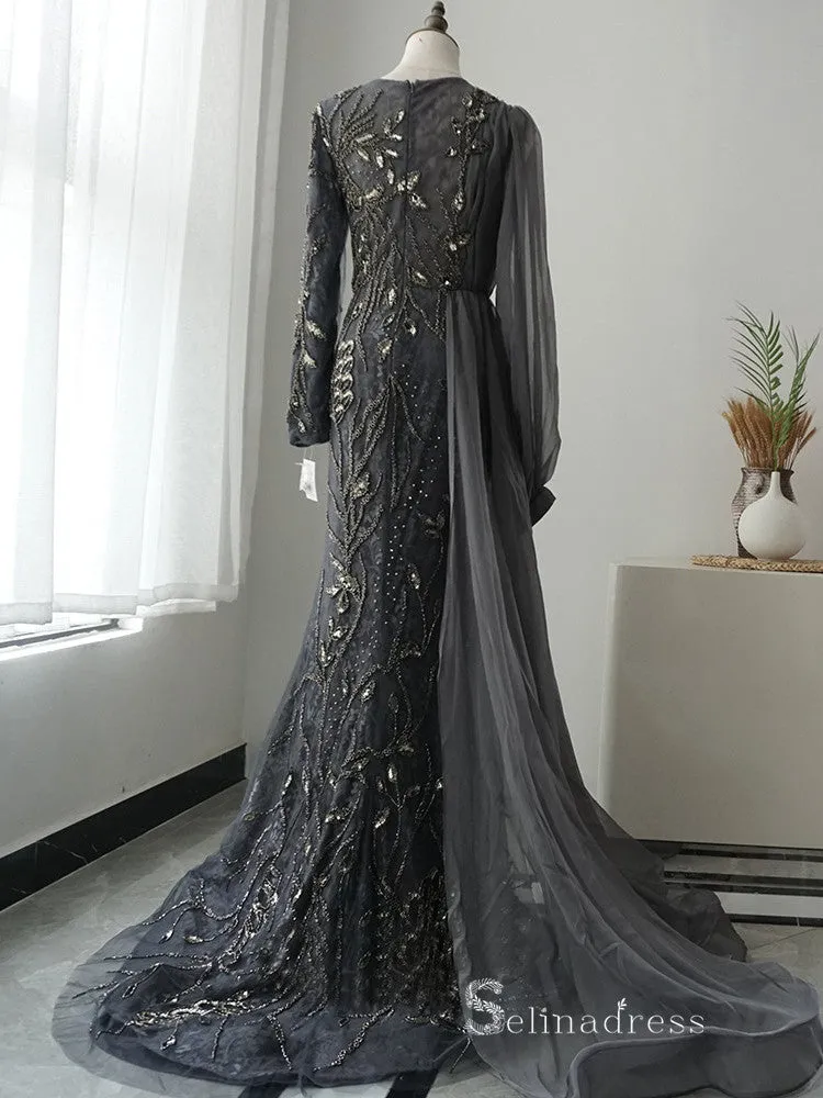 luxury Mermaid Scoop Long Sleeve Beaded Long Prom Dress Gray Evening Dress MLH0475