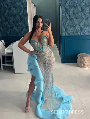 Luxury Mermaid Strapless Beaded Blue Long Evening Gown lpk939