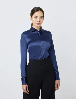 Luxury Navy Satin Shirt, Double Cuff