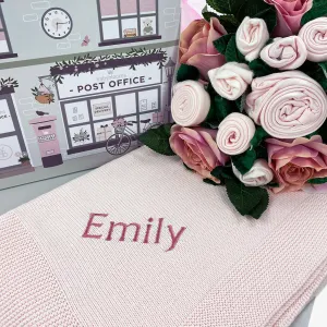 Luxury Rose Baby Clothes Bouquet and Personalised Baby Blanket, Pink