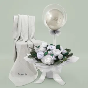 Luxury Rose Baby Clothes Bouquet, Balloon and Personalised Blanket, Grey