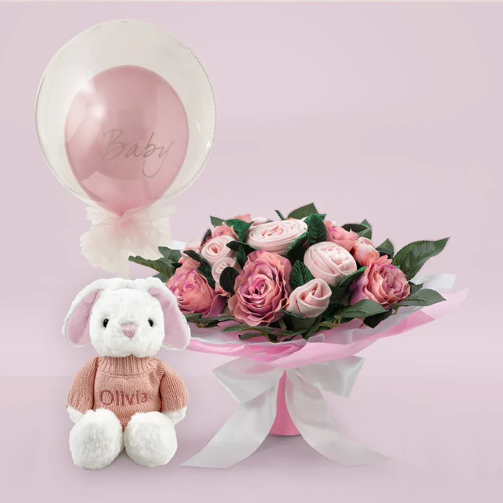 Luxury Rose Baby Clothes Bouquet, Balloon and Personalised Bunny, Pink