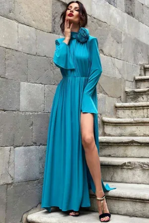 Luxury Scarf Neck Ruched Flutter Long Sleeve Split Rosette Evening Maxi Dress - Teal