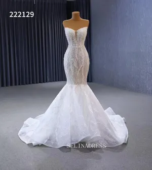 Luxury Strapless Mermaid Beaded White Wedding Dress Bridal Gowns 222129