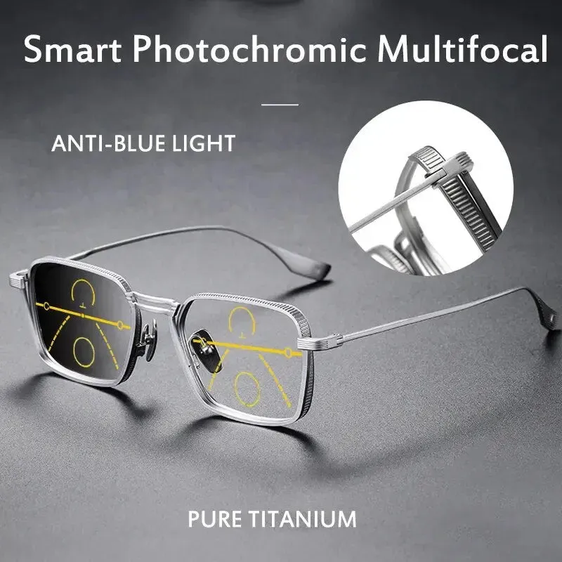 Luxury Titanium Photochromic Multifocal Anti-Blue Light Progressive Reading Glasses