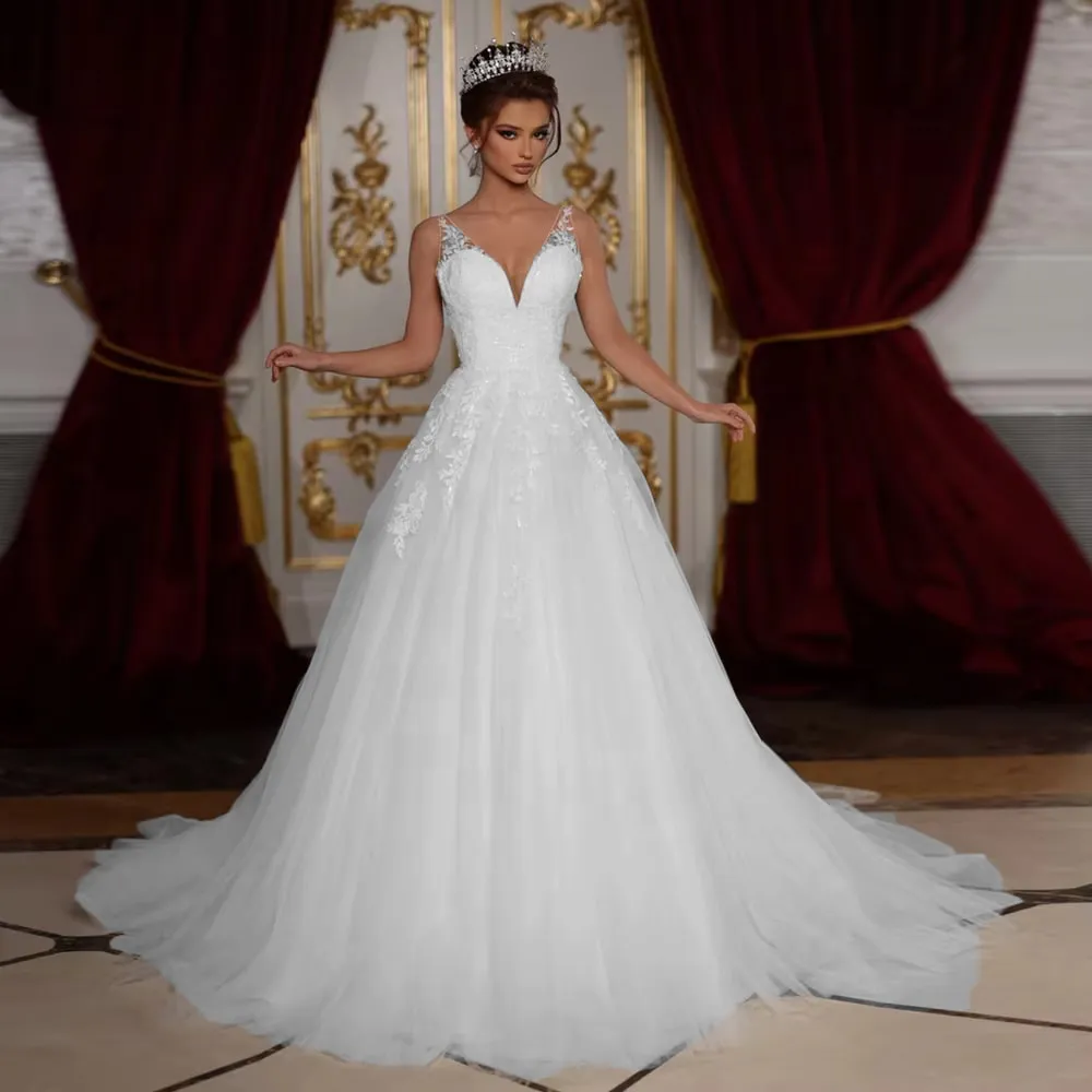 Luxury V-Neck Tulle A-Line Wedding Dress with Sequined Beading and Backless Design