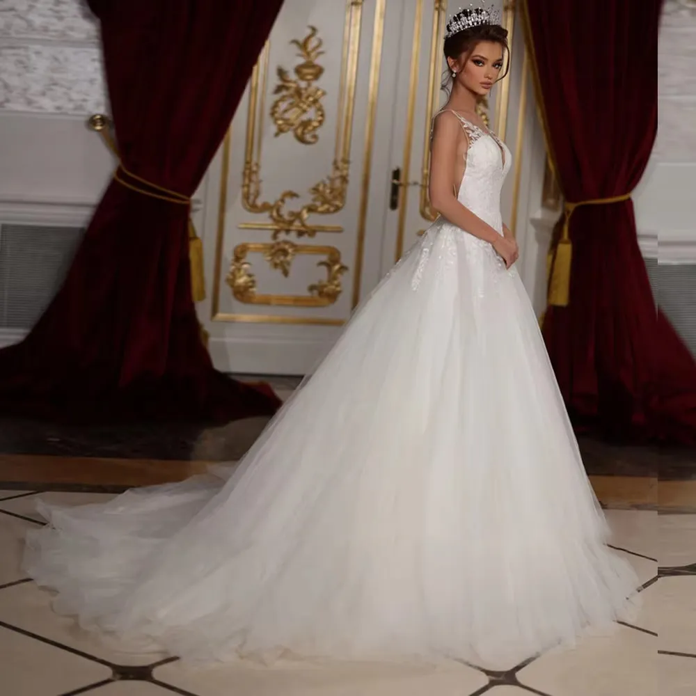 Luxury V-Neck Tulle A-Line Wedding Dress with Sequined Beading and Backless Design