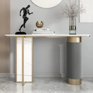 Luxury White And Gold Entryway Table With Stone Top