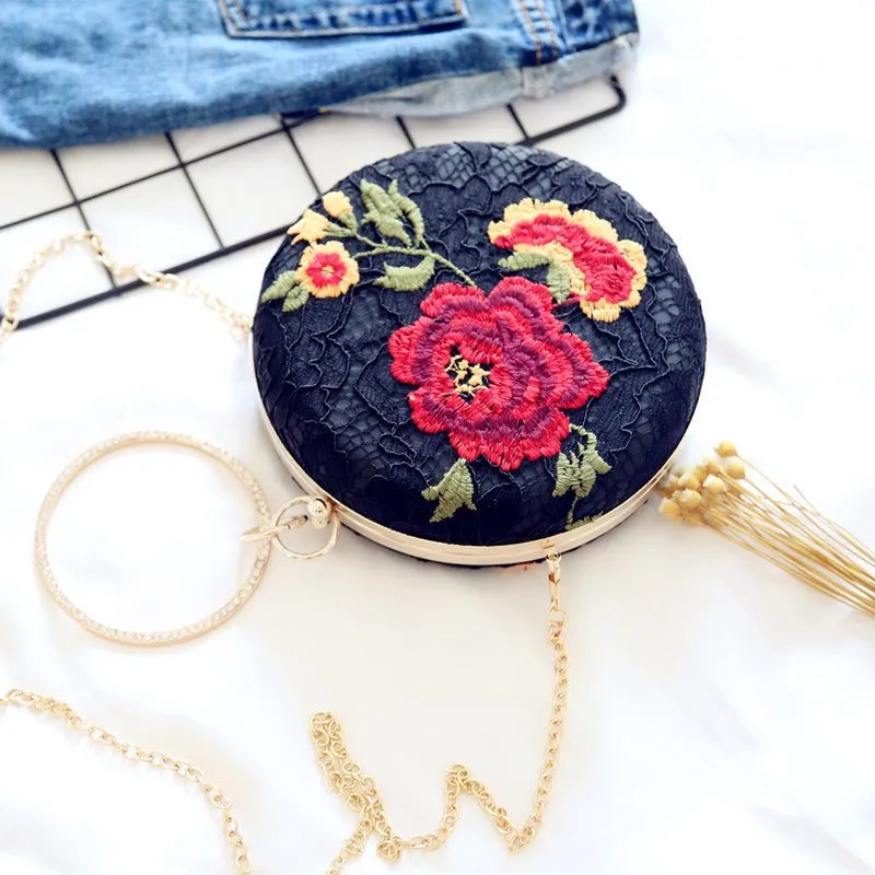 Luxy Moon Embroidered Round Flower Black Evening Bag