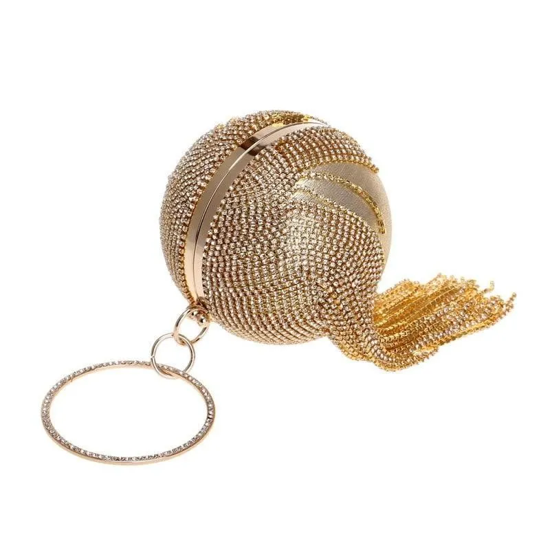 Luxy Moon Round Shaped Full Rhinestone Evening Bag with Tassel