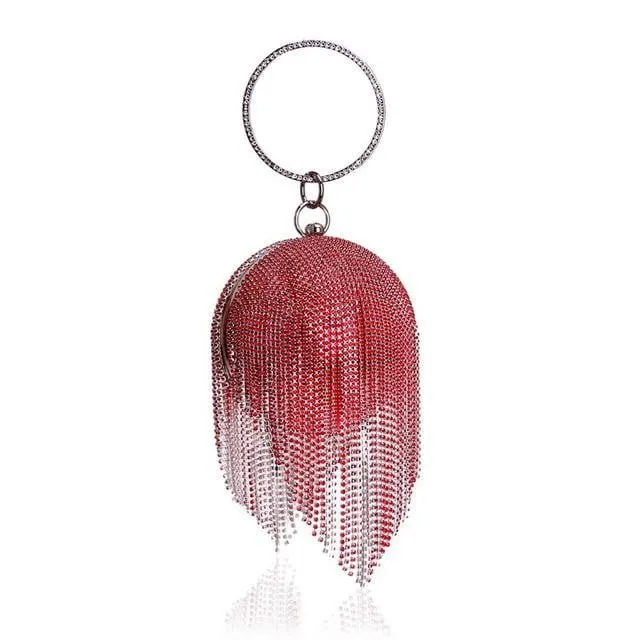 Luxy Moon Round Shaped Full Rhinestone Evening Bag with Tassel