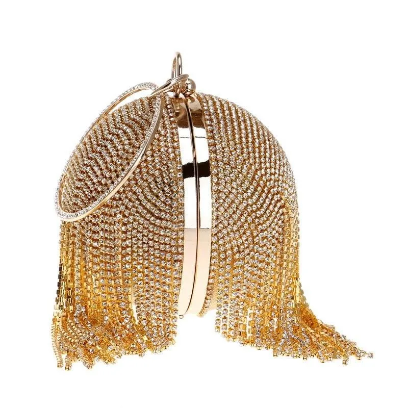 Luxy Moon Round Shaped Full Rhinestone Evening Bag with Tassel