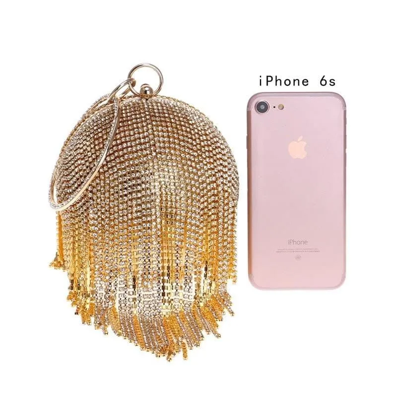 Luxy Moon Round Shaped Full Rhinestone Evening Bag with Tassel