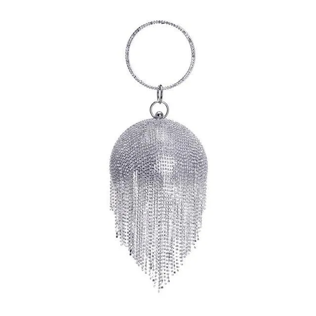 Luxy Moon Round Shaped Full Rhinestone Evening Bag with Tassel