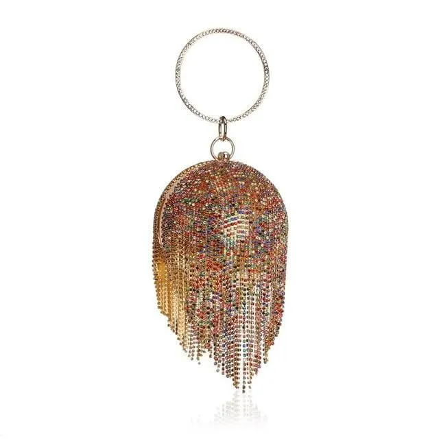 Luxy Moon Round Shaped Full Rhinestone Evening Bag with Tassel