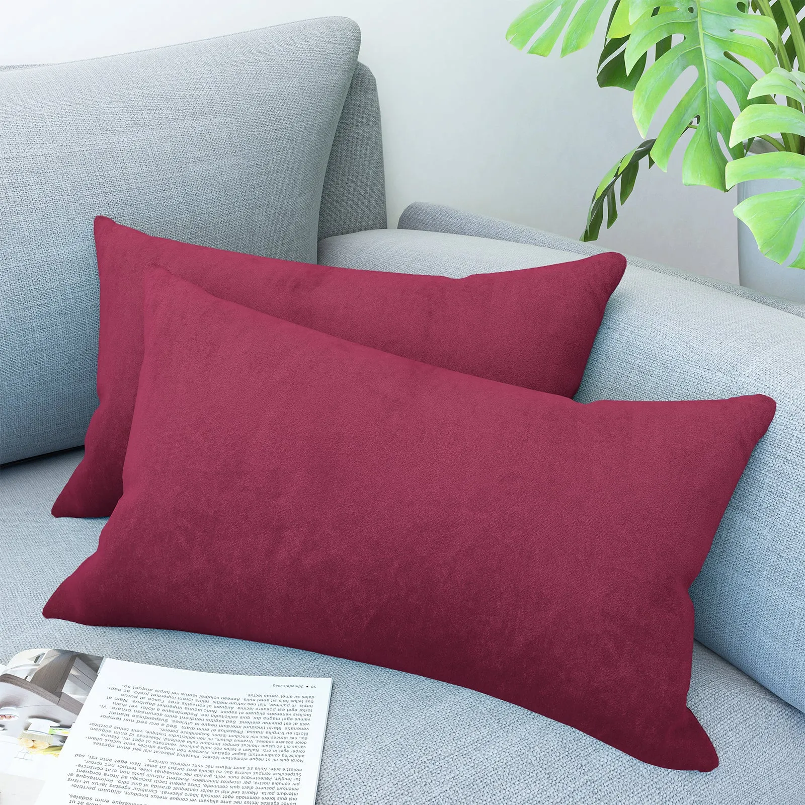 LVTXIII Outdoor Indoor Velvet Lumbar Pillow Covers 12" x 20" Wine (Pack of 2)