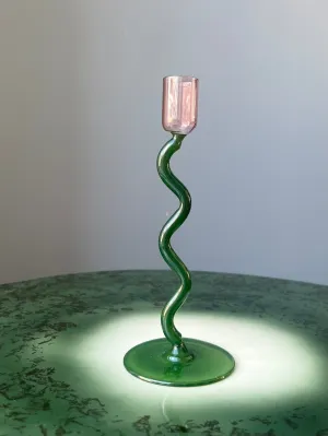 Lysestake glass - bølget lang - grønn/rosa