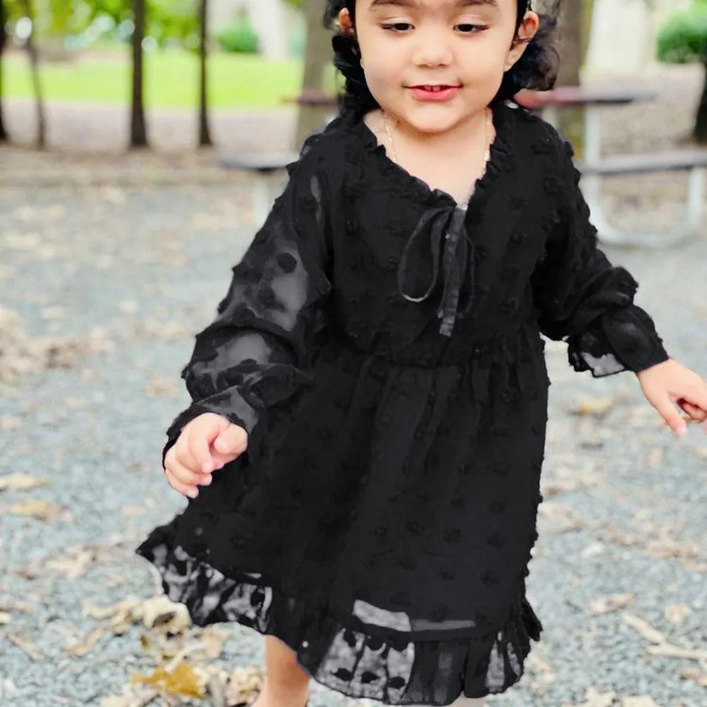 Maacie Baby Girl Dresses Swiss Dot Dress Flared Sleeve Elastic Waist Ruffle Dresses