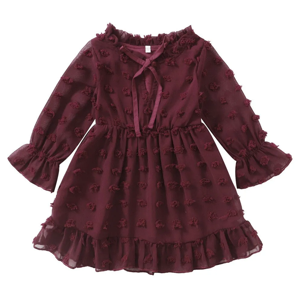 Maacie Baby Girl Dresses Swiss Dot Dress Flared Sleeve Elastic Waist Ruffle Dresses