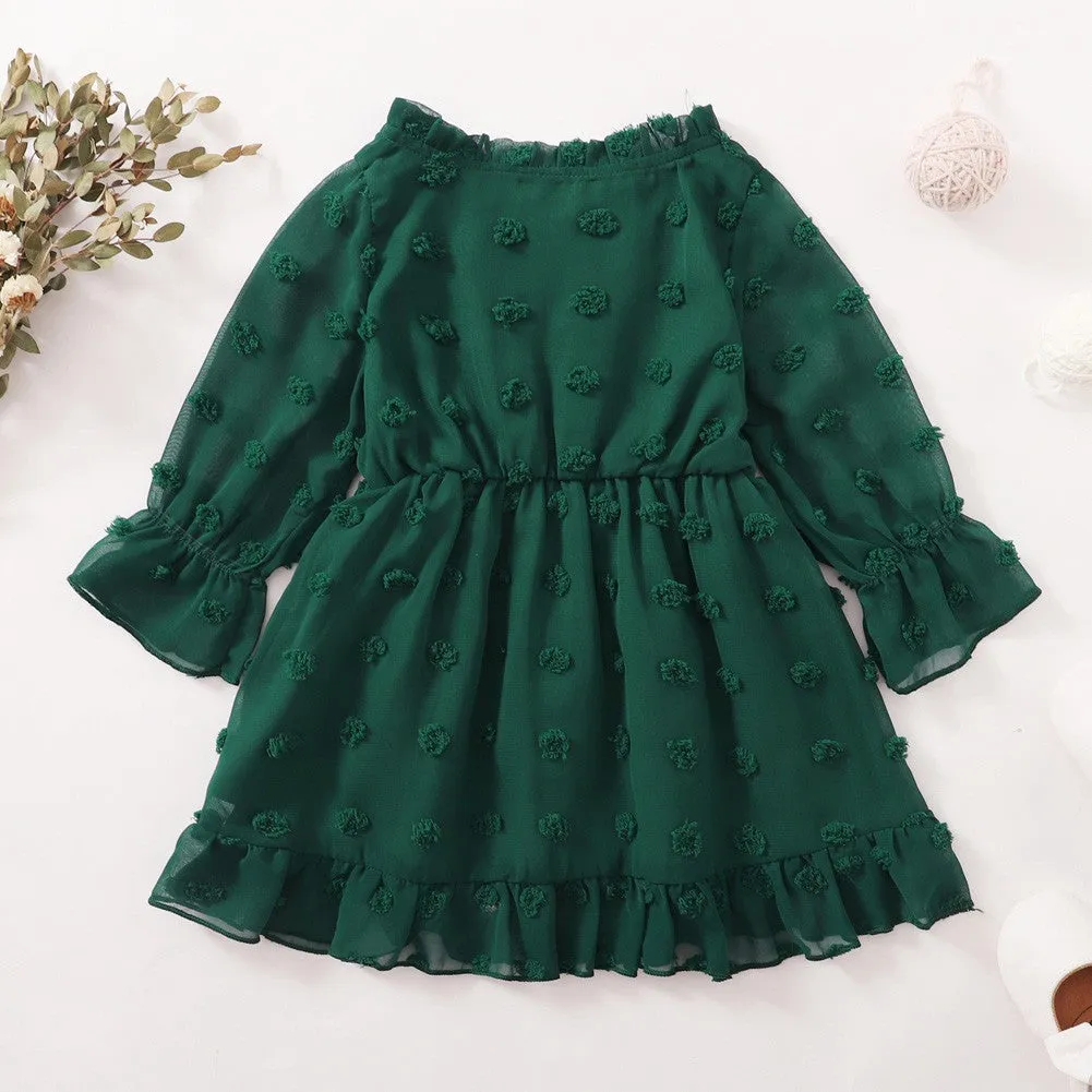 Maacie Baby Girl Dresses Swiss Dot Dress Flared Sleeve Elastic Waist Ruffle Dresses