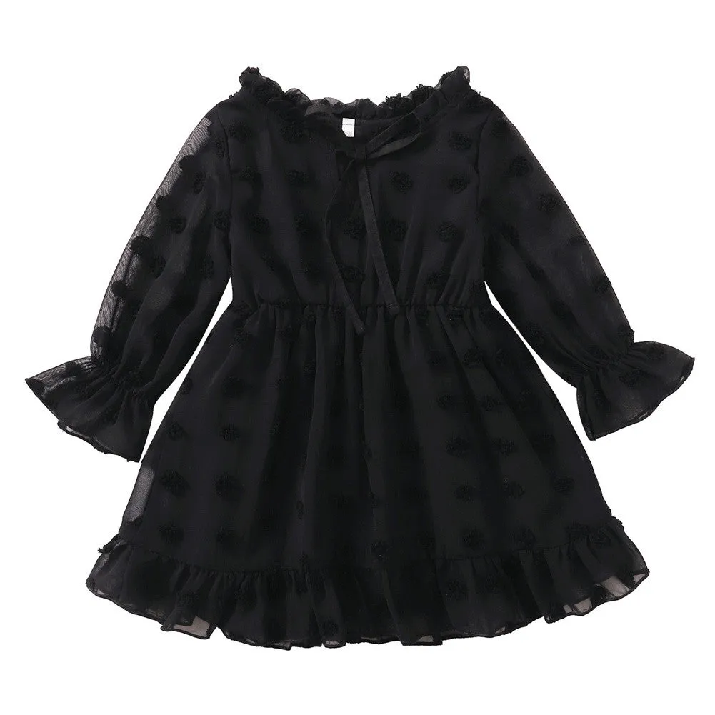 Maacie Baby Girl Dresses Swiss Dot Dress Flared Sleeve Elastic Waist Ruffle Dresses