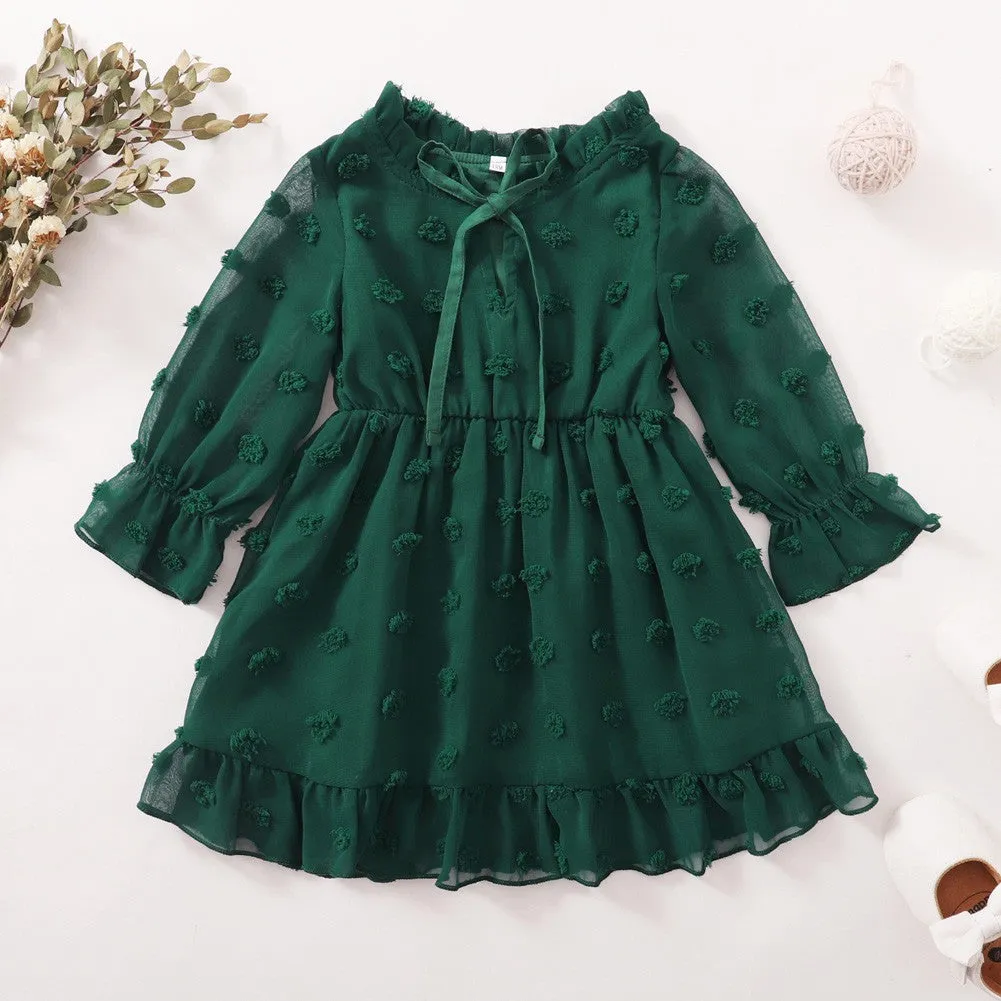 Maacie Baby Girl Dresses Swiss Dot Dress Flared Sleeve Elastic Waist Ruffle Dresses