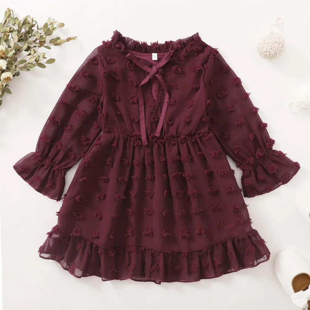 Maacie Baby Girl Dresses Swiss Dot Dress Flared Sleeve Elastic Waist Ruffle Dresses