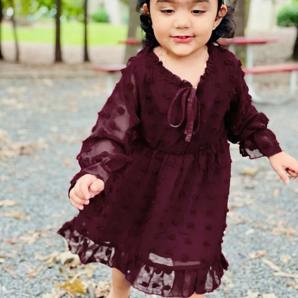 Maacie Baby Girl Dresses Swiss Dot Dress Flared Sleeve Elastic Waist Ruffle Dresses